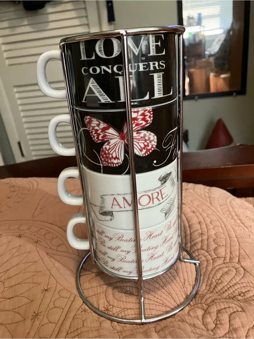 NWOT Pier 1 “ Inspirational Love “ Set of 4 Stackable Mugs